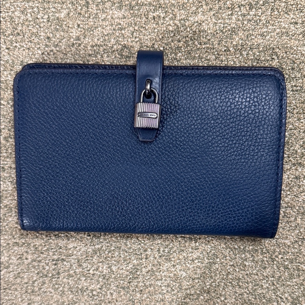 Michael Kors Pebbled Navy Leather Key & Card Holder with Lock Accent